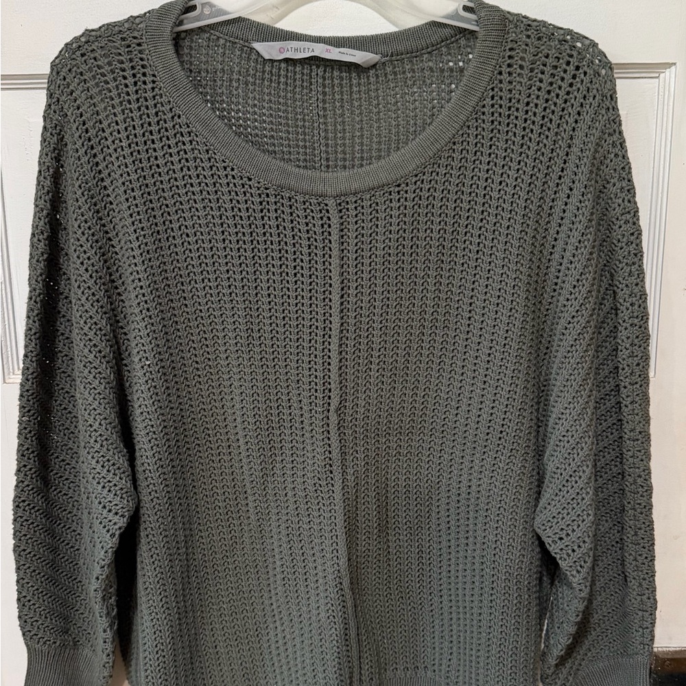 Athleta Olive Green Open-Knit Crewneck Sweater